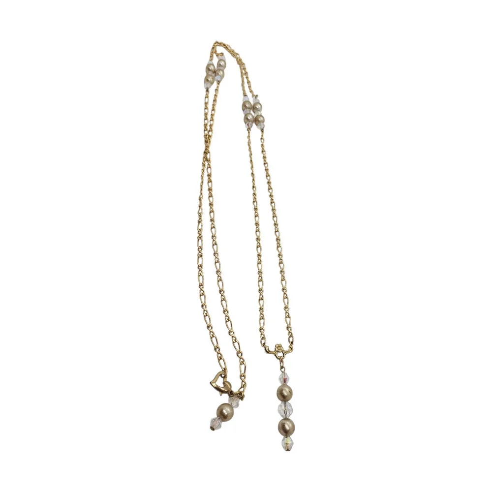 Vintage Gold Tone Chain Necklace Faux Pearl Aurora Borealis Crystal Beads LONG